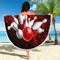 Red Bowling Ball and Pins Design Beach Blanket with Fiery Smoke Background and Custom Team Name Text - Wonder Print Shop