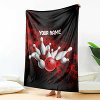 Red Bowling Ball and Pins Design Blanket with Fiery Smoke Background and Custom Team Name Text - Wonder Print Shop