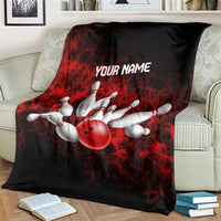 Red Bowling Ball and Pins Design Blanket with Fiery Smoke Background and Custom Team Name Text - Wonder Print Shop