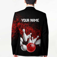 Red Bowling Ball and Pins Design Blazer with Fiery Smoke Background and Custom Team Name Text - Wonder Print Shop