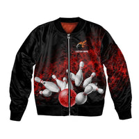 Red Bowling Ball and Pins Design Bomber Jacket with Fiery Smoke Background and Custom Team Name Text - Wonder Print Shop