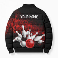 Red Bowling Ball and Pins Design Bomber Puffer Jacket with Fiery Smoke Background and Custom Team Name Text - Wonder Print Shop