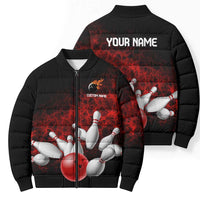 Red Bowling Ball and Pins Design Bomber Puffer Jacket with Fiery Smoke Background and Custom Team Name Text - Wonder Print Shop