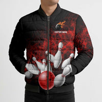 Red Bowling Ball and Pins Design Bomber Puffer Jacket with Fiery Smoke Background and Custom Team Name Text - Wonder Print Shop