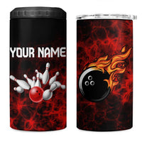 Red Bowling Ball and Pins Design 4 in 1 Can Cooler Tumbler with Fiery Smoke Background and Custom Team Name Text - Wonder Print Shop