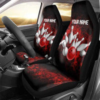 Red Bowling Ball and Pins Design Car Seat Cover with Fiery Smoke Background and Custom Team Name Text - Wonder Print Shop