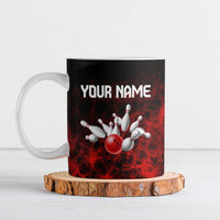 Red Bowling Ball and Pins Design Ceramic Mug with Fiery Smoke Background and Custom Team Name Text - Wonder Print Shop