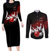 Red Bowling Ball and Pins Design Couples Matching Long Sleeve Bodycon Dress and Long Sleeve Button Shirt with Fiery Smoke Background and Custom Team Name Text - Wonder Print Shop
