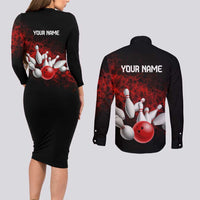 Red Bowling Ball and Pins Design Couples Matching Long Sleeve Bodycon Dress and Long Sleeve Button Shirt with Fiery Smoke Background and Custom Team Name Text - Wonder Print Shop