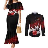 Red Bowling Ball and Pins Design Couples Matching Mermaid Dress and Long Sleeve Button Shirt with Fiery Smoke Background and Custom Team Name Text - Wonder Print Shop