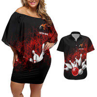 Red Bowling Ball and Pins Design Couples Matching Off Shoulder Short Dress and Hawaiian Shirt with Fiery Smoke Background and Custom Team Name Text - Wonder Print Shop