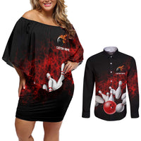 Red Bowling Ball and Pins Design Couples Matching Off Shoulder Short Dress and Long Sleeve Button Shirt with Fiery Smoke Background and Custom Team Name Text - Wonder Print Shop