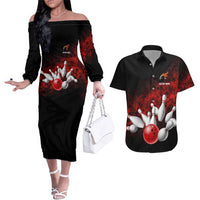 Red Bowling Ball and Pins Design Couples Matching Off The Shoulder Long Sleeve Dress and Hawaiian Shirt with Fiery Smoke Background and Custom Team Name Text - Wonder Print Shop