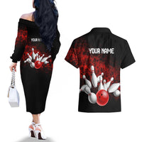 Red Bowling Ball and Pins Design Couples Matching Off The Shoulder Long Sleeve Dress and Hawaiian Shirt with Fiery Smoke Background and Custom Team Name Text - Wonder Print Shop