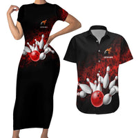Red Bowling Ball and Pins Design Couples Matching Short Sleeve Bodycon Dress and Hawaiian Shirt with Fiery Smoke Background and Custom Team Name Text - Wonder Print Shop