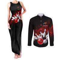 Red Bowling Ball and Pins Design Couples Matching Tank Maxi Dress and Long Sleeve Button Shirt with Fiery Smoke Background and Custom Team Name Text - Wonder Print Shop
