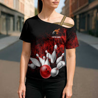 Red Bowling Ball and Pins Design Cross Shoulder Shirt with Fiery Smoke Background and Custom Team Name Text - Wonder Print Shop