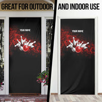 Red Bowling Ball and Pins Design Door Cover with Fiery Smoke Background and Custom Team Name Text - Wonder Print Shop