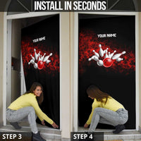 Red Bowling Ball and Pins Design Door Cover with Fiery Smoke Background and Custom Team Name Text - Wonder Print Shop