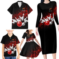 Red Bowling Ball and Pins Design Family Matching Long Sleeve Bodycon Dress and Hawaiian Shirt with Fiery Smoke Background and Custom Team Name Text - Wonder Print Shop