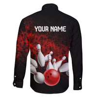 Red Bowling Ball and Pins Design Family Matching Long Sleeve Bodycon Dress and Hawaiian Shirt with Fiery Smoke Background and Custom Team Name Text - Wonder Print Shop