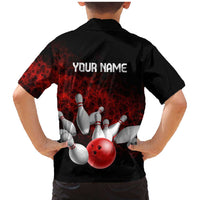 Red Bowling Ball and Pins Design Family Matching Mermaid Dress and Hawaiian Shirt with Fiery Smoke Background and Custom Team Name Text - Wonder Print Shop