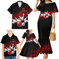 Red Bowling Ball and Pins Design Family Matching Mermaid Dress and Hawaiian Shirt with Fiery Smoke Background and Custom Team Name Text - Wonder Print Shop