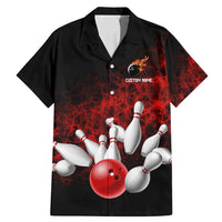 Red Bowling Ball and Pins Design Family Matching Mermaid Dress and Hawaiian Shirt with Fiery Smoke Background and Custom Team Name Text - Wonder Print Shop