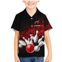 Red Bowling Ball and Pins Design Family Matching Mermaid Dress and Hawaiian Shirt with Fiery Smoke Background and Custom Team Name Text - Wonder Print Shop
