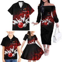 Red Bowling Ball and Pins Design Family Matching Off The Shoulder Long Sleeve Dress and Hawaiian Shirt with Fiery Smoke Background and Custom Team Name Text - Wonder Print Shop