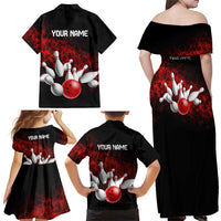 Red Bowling Ball and Pins Design Family Matching Off Shoulder Maxi Dress and Hawaiian Shirt with Fiery Smoke Background and Custom Team Name Text - Wonder Print Shop