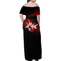 Red Bowling Ball and Pins Design Family Matching Off Shoulder Maxi Dress and Hawaiian Shirt with Fiery Smoke Background and Custom Team Name Text - Wonder Print Shop