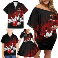 Red Bowling Ball and Pins Design Family Matching Off Shoulder Short Dress and Hawaiian Shirt with Fiery Smoke Background and Custom Team Name Text - Wonder Print Shop