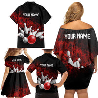 Red Bowling Ball and Pins Design Family Matching Off Shoulder Short Dress and Hawaiian Shirt with Fiery Smoke Background and Custom Team Name Text - Wonder Print Shop