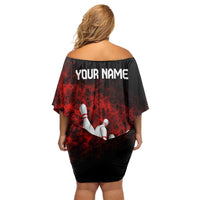 Red Bowling Ball and Pins Design Family Matching Off Shoulder Short Dress and Hawaiian Shirt with Fiery Smoke Background and Custom Team Name Text - Wonder Print Shop