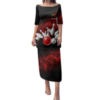 Red Bowling Ball and Pins Design Family Matching Puletasi and Hawaiian Shirt with Fiery Smoke Background and Custom Team Name Text - Wonder Print Shop