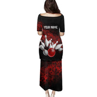Red Bowling Ball and Pins Design Family Matching Puletasi and Hawaiian Shirt with Fiery Smoke Background and Custom Team Name Text - Wonder Print Shop