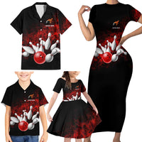 Red Bowling Ball and Pins Design Family Matching Short Sleeve Bodycon Dress and Hawaiian Shirt with Fiery Smoke Background and Custom Team Name Text - Wonder Print Shop