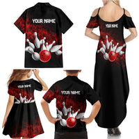 Red Bowling Ball and Pins Design Family Matching Summer Maxi Dress and Hawaiian Shirt with Fiery Smoke Background and Custom Team Name Text - Wonder Print Shop