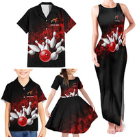 Red Bowling Ball and Pins Design Family Matching Tank Maxi Dress and Hawaiian Shirt with Fiery Smoke Background and Custom Team Name Text - Wonder Print Shop