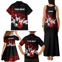 Red Bowling Ball and Pins Design Family Matching Tank Maxi Dress and Hawaiian Shirt with Fiery Smoke Background and Custom Team Name Text - Wonder Print Shop