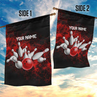 Red Bowling Ball and Pins Design Garden Flag with Fiery Smoke Background and Custom Team Name Text - Wonder Print Shop