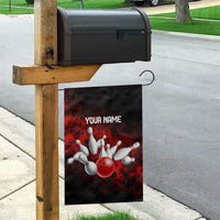 Red Bowling Ball and Pins Design Garden Flag with Fiery Smoke Background and Custom Team Name Text - Wonder Print Shop