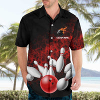 Red Bowling Ball and Pins Design Hawaiian Shirt with Fiery Smoke Background and Custom Team Name Text - Wonder Print Shop