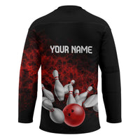 Red Bowling Ball and Pins Design Hockey Jersey with Fiery Smoke Background and Custom Team Name Text - Wonder Print Shop