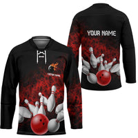 Red Bowling Ball and Pins Design Hockey Jersey with Fiery Smoke Background and Custom Team Name Text - Wonder Print Shop