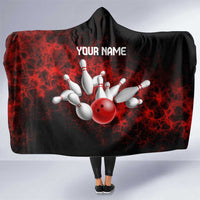 Red Bowling Ball and Pins Design Hooded Blanket with Fiery Smoke Background and Custom Team Name Text - Wonder Print Shop
