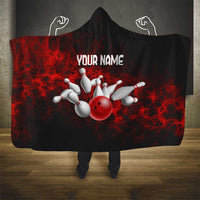 Red Bowling Ball and Pins Design Hooded Blanket with Fiery Smoke Background and Custom Team Name Text - Wonder Print Shop