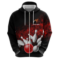 Red Bowling Ball and Pins Design Hoodie with Fiery Smoke Background and Custom Team Name Text - Wonder Print Shop