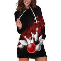 Red Bowling Ball and Pins Design Hoodie Dress with Fiery Smoke Background and Custom Team Name Text - Wonder Print Shop